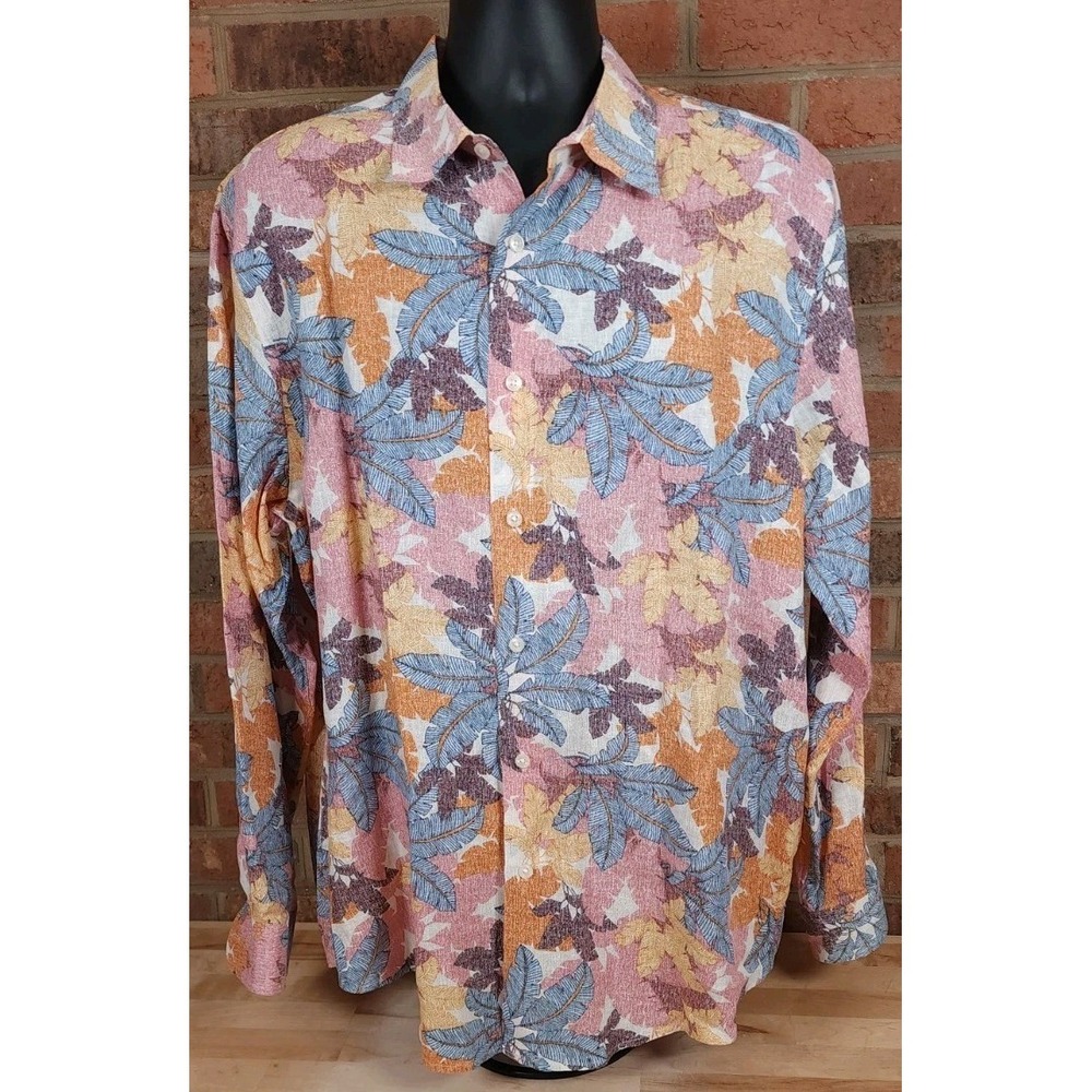 Club Room Luxury Linen Floral Button Up Shirt Mens Size XL Tropical Hawaiian